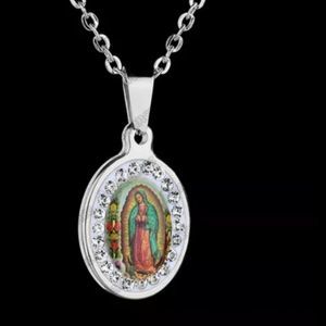 Silver titanium virgin mother Mary crystal medallion necklace new